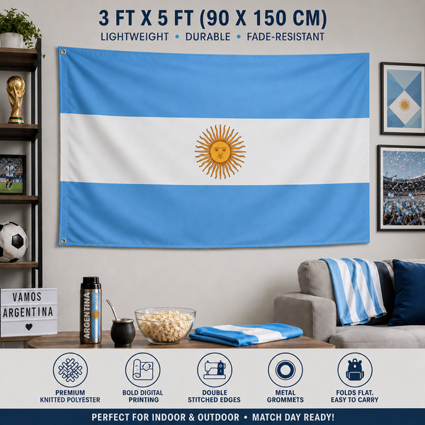 Argentina fan flag displayed indoors, from the Watch Party Flag Duo