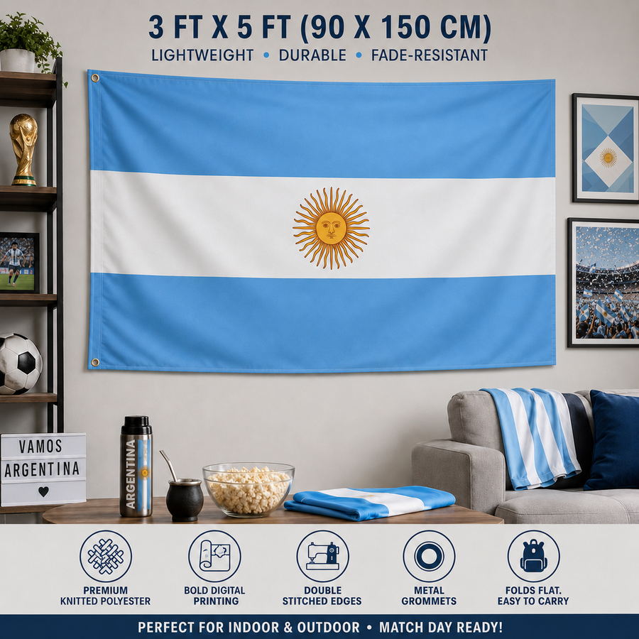 Argentina fan flag displayed indoors, from the Watch Party Flag Duo