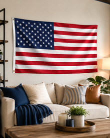 USA fan flag displayed indoors, from the USA Flag Twin Pack